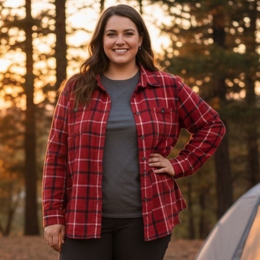 Duluth Trading Co Women Free Swingin Plaid Flannel‎ Shirt Long Sleeve Red XL